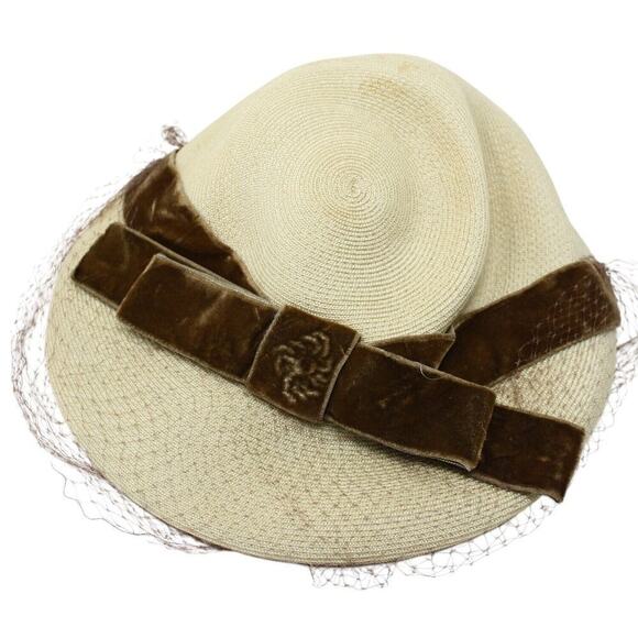 Vintage 50s Arnold Constable Platter Hat Tan Straw w Velvet Ribbon - Hey Viv - Picture 5 of 8